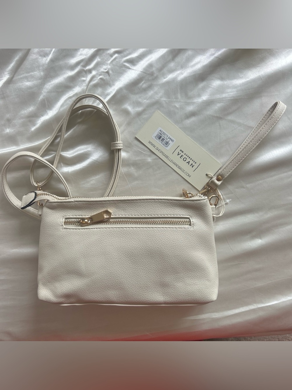 White Vegan Crossbody Wristlet with Gold Hardware